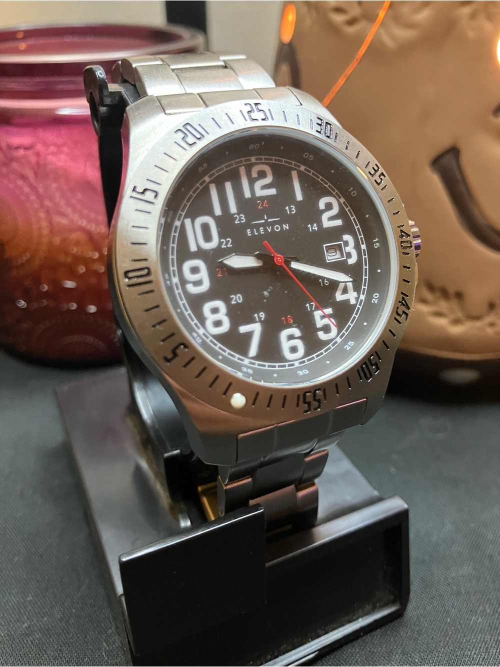 Elevon Stainless Steel Watch with Black Dial and Red Second Hand